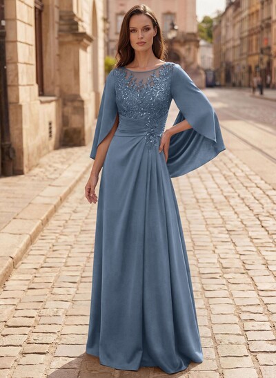 A-Line Scoop Neck Cape Sleeves Floor-Length Stretch Satin Mother Of The Bride Dresses With Appliques Lace