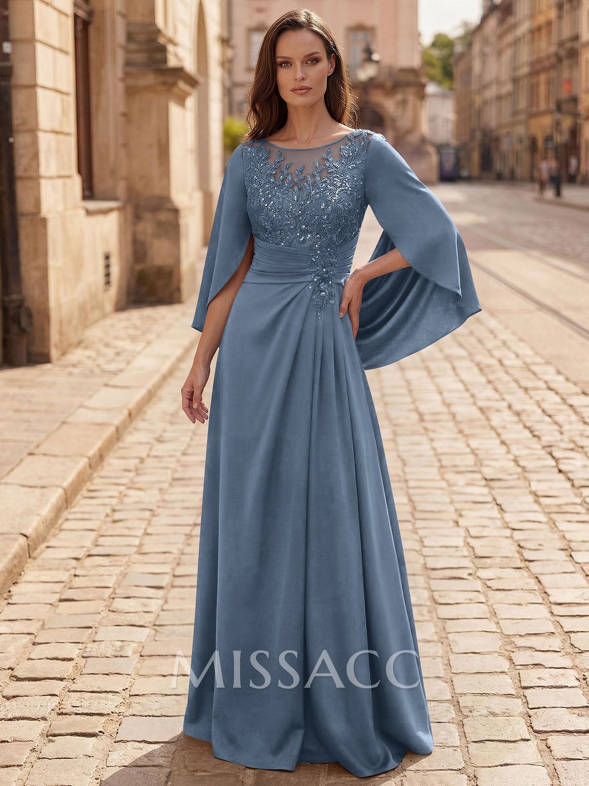 A-Line Scoop Neck Cape Sleeves Floor-Length Stretch Satin Mother Of The Bride Dresses With Appliques Lace