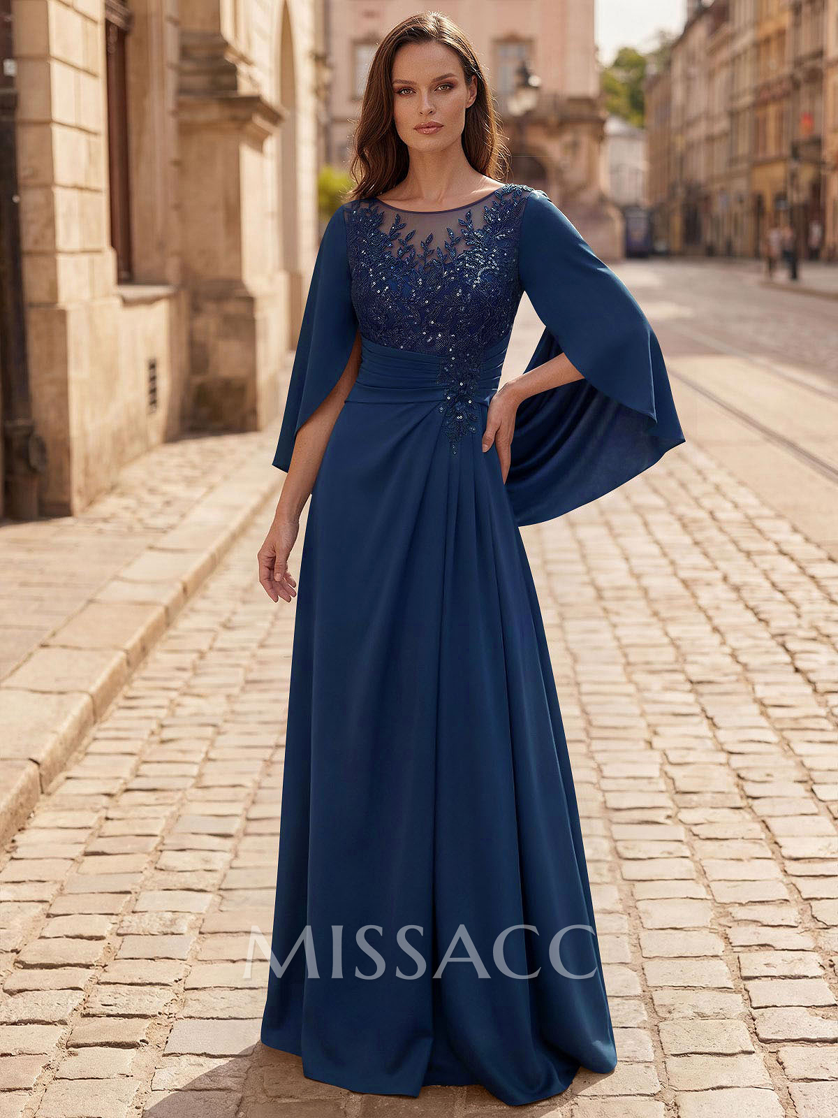 A-Line Scoop Neck Cape Sleeves Floor-Length Stretch Satin Mother Of The Bride Dresses With Appliques Lace A-Line Scoop Neck Cape Sleeves Floor-Length Stretch Satin Mother Of The Bride Dresses With Appliques Lace