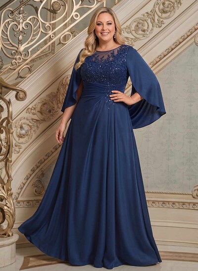 A-Line Scoop Neck Cape Sleeves Floor-Length Stretch Satin Mother Of The Bride Dresses With Appliques Lace