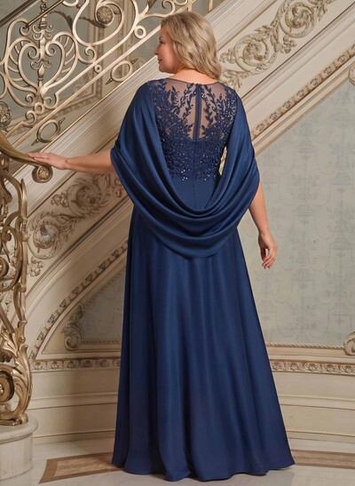 A-Line Scoop Neck Cape Sleeves Floor-Length Stretch Satin Mother Of The Bride Dresses With Appliques Lace