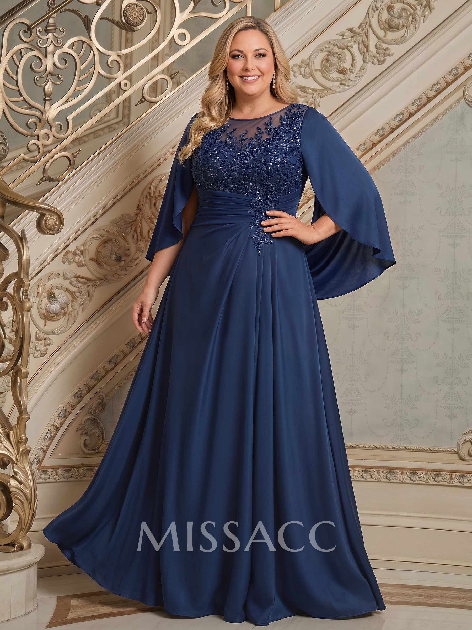 A-Line Scoop Neck Cape Sleeves Floor-Length Stretch Satin Mother Of The Bride Dresses With Appliques Lace A-Line Scoop Neck Cape Sleeves Floor-Length Stretch Satin Mother Of The Bride Dresses With Appliques Lace