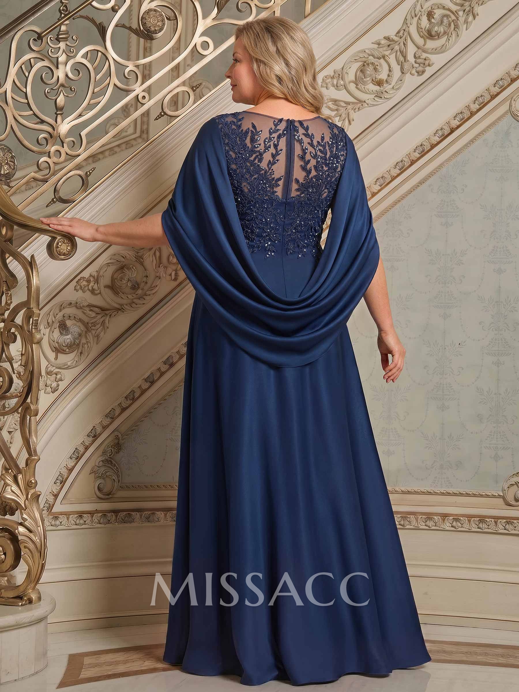 A-Line Scoop Neck Cape Sleeves Floor-Length Stretch Satin Mother Of The Bride Dresses With Appliques Lace A-Line Scoop Neck Cape Sleeves Floor-Length Stretch Satin Mother Of The Bride Dresses With Appliques Lace