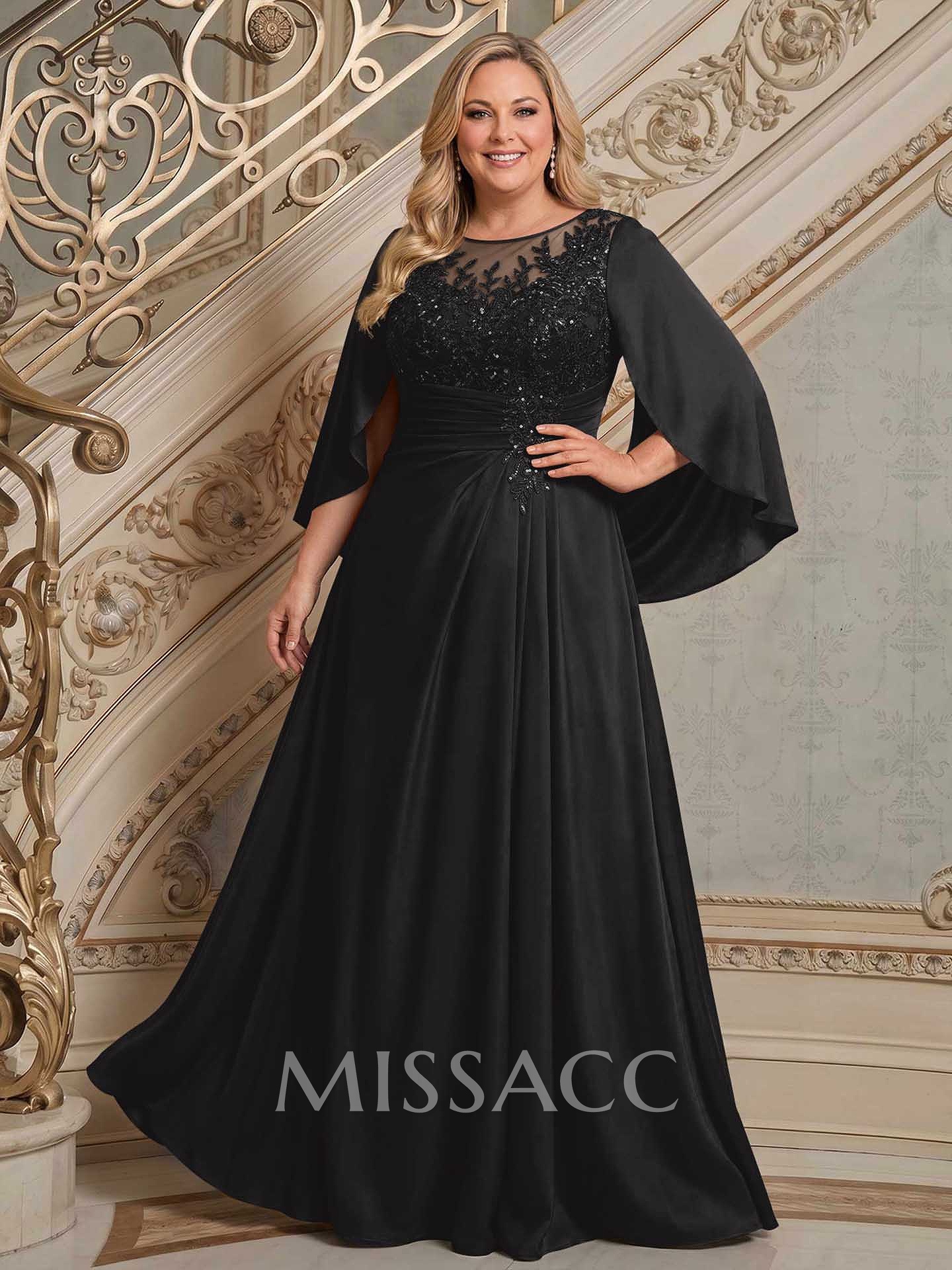 A-Line Scoop Neck Cape Sleeves Floor-Length Stretch Satin Mother Of The Bride Dresses With Appliques Lace