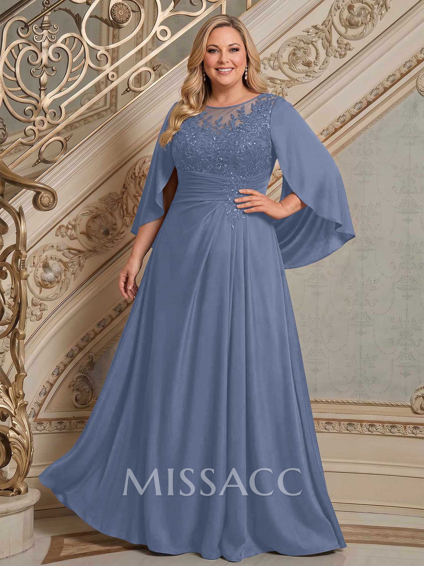 A-Line Scoop Neck Cape Sleeves Floor-Length Stretch Satin Mother Of The Bride Dresses With Appliques Lace