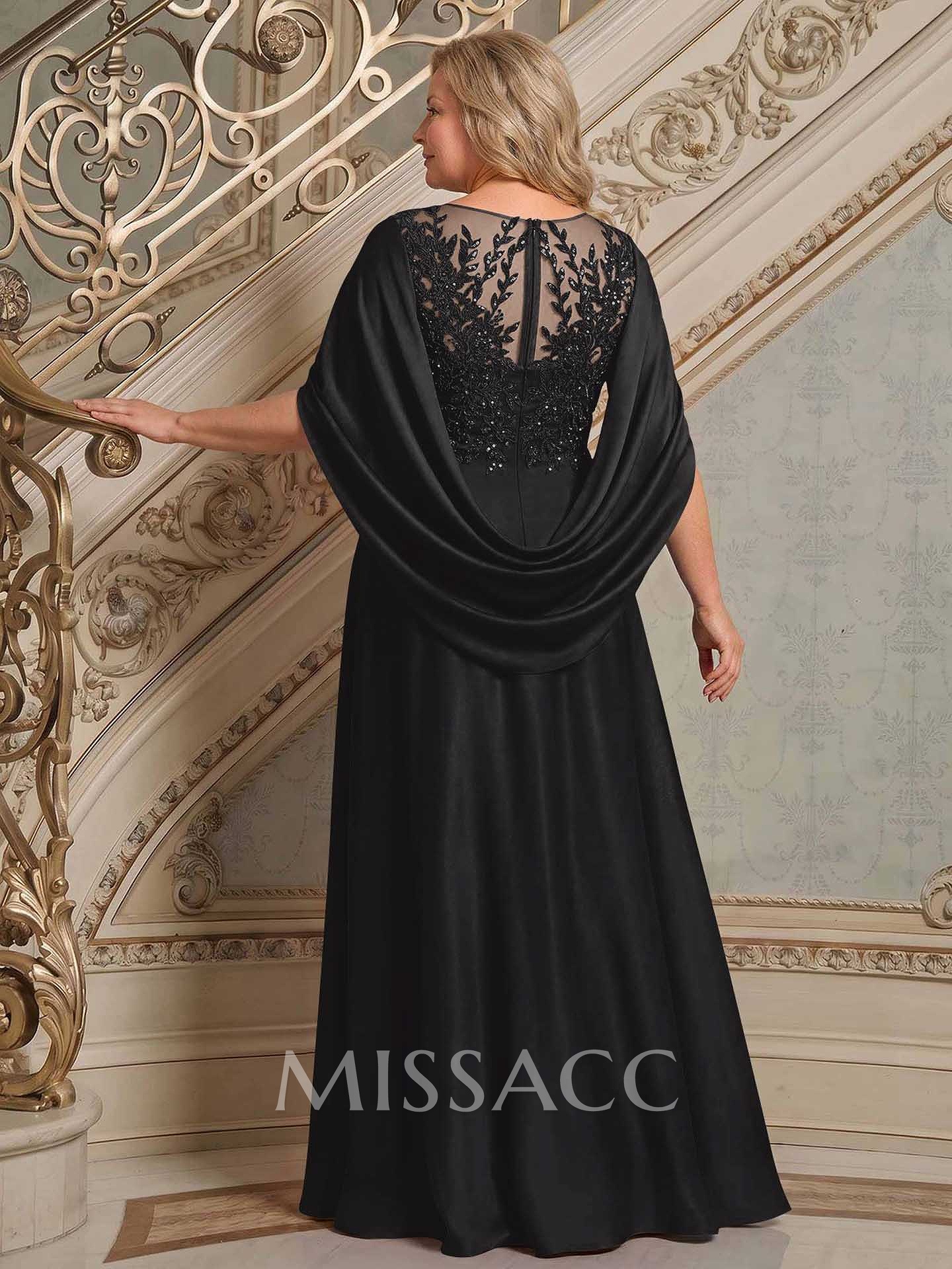 A-Line Scoop Neck Cape Sleeves Floor-Length Stretch Satin Mother Of The Bride Dresses With Appliques Lace