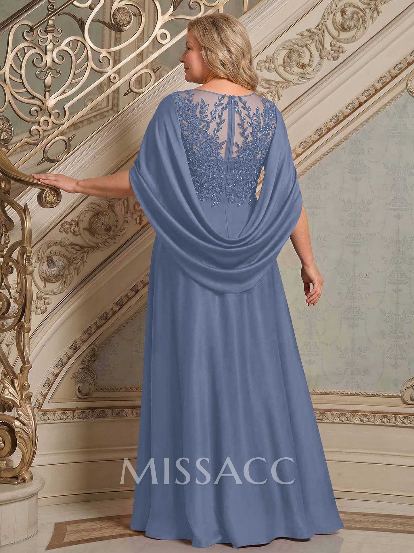 A-Line Scoop Neck Cape Sleeves Floor-Length Stretch Satin Mother Of The Bride Dresses With Appliques Lace
