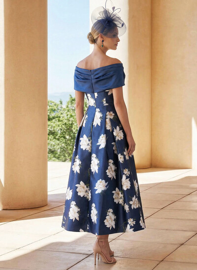 A-Line Off-The-Shoulder Short Sleeves Ankle-Length Satin Mother Of The Bride Dresses With Flower(s)