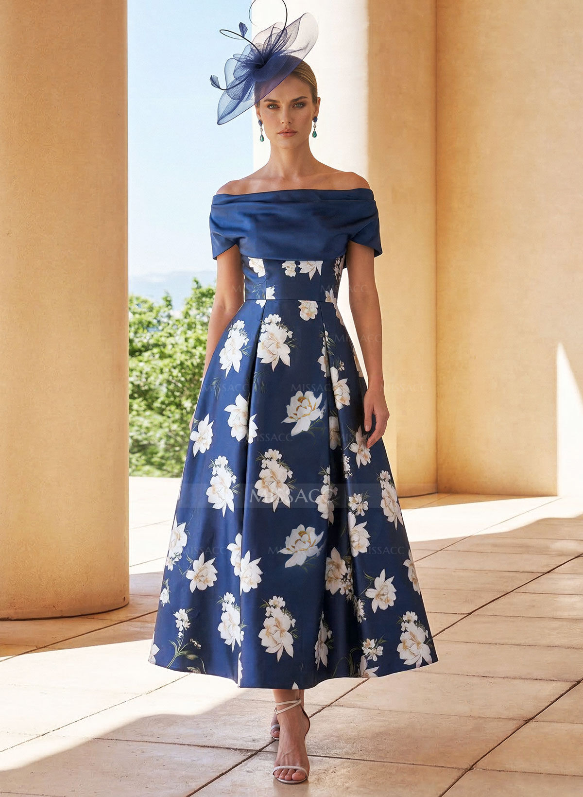 A-Line Off-The-Shoulder Short Sleeves Ankle-Length Satin Mother Of The Bride Dresses With Flower(s)