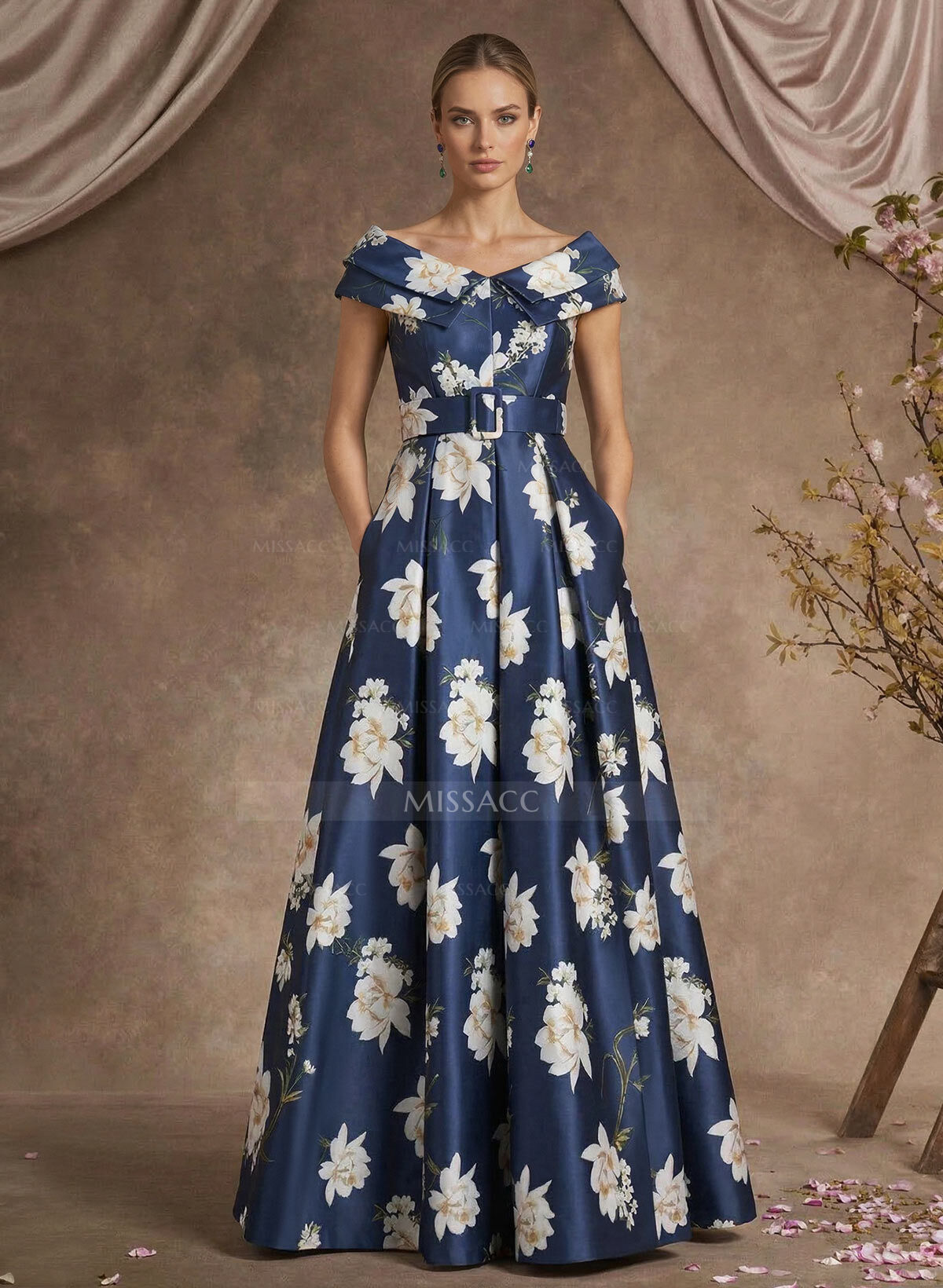 A-Line V-Neck Sleeveless Floor-Length Twill Satin Mother Of The Bride Dresses With Sash/Flower(s)