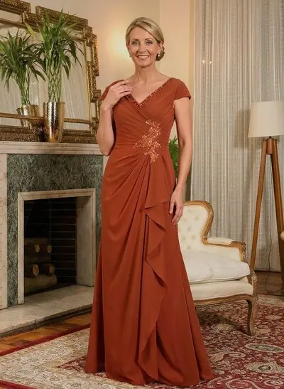 A-Line V-Neck Floor-Length Chiffon Mother Of The Bride Dresses With Appliques Lace