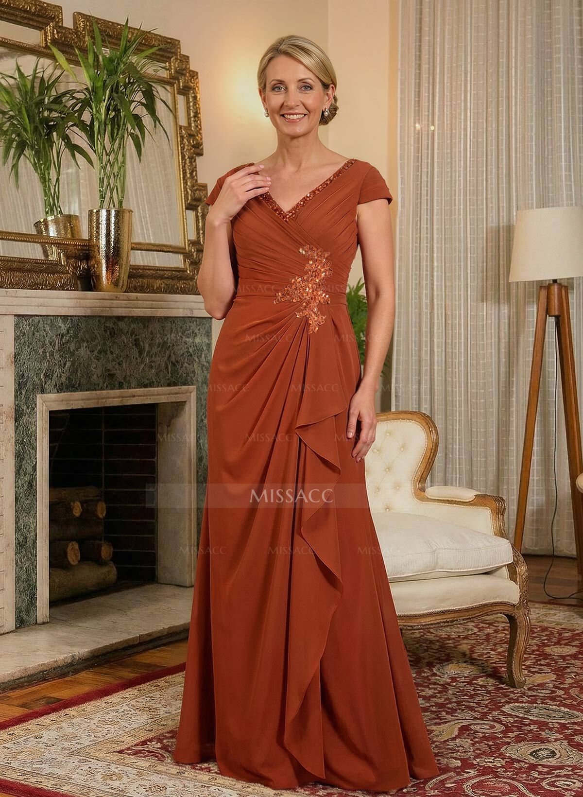 A-Line V-Neck Floor-Length Chiffon Mother Of The Bride Dresses With Appliques Lace
