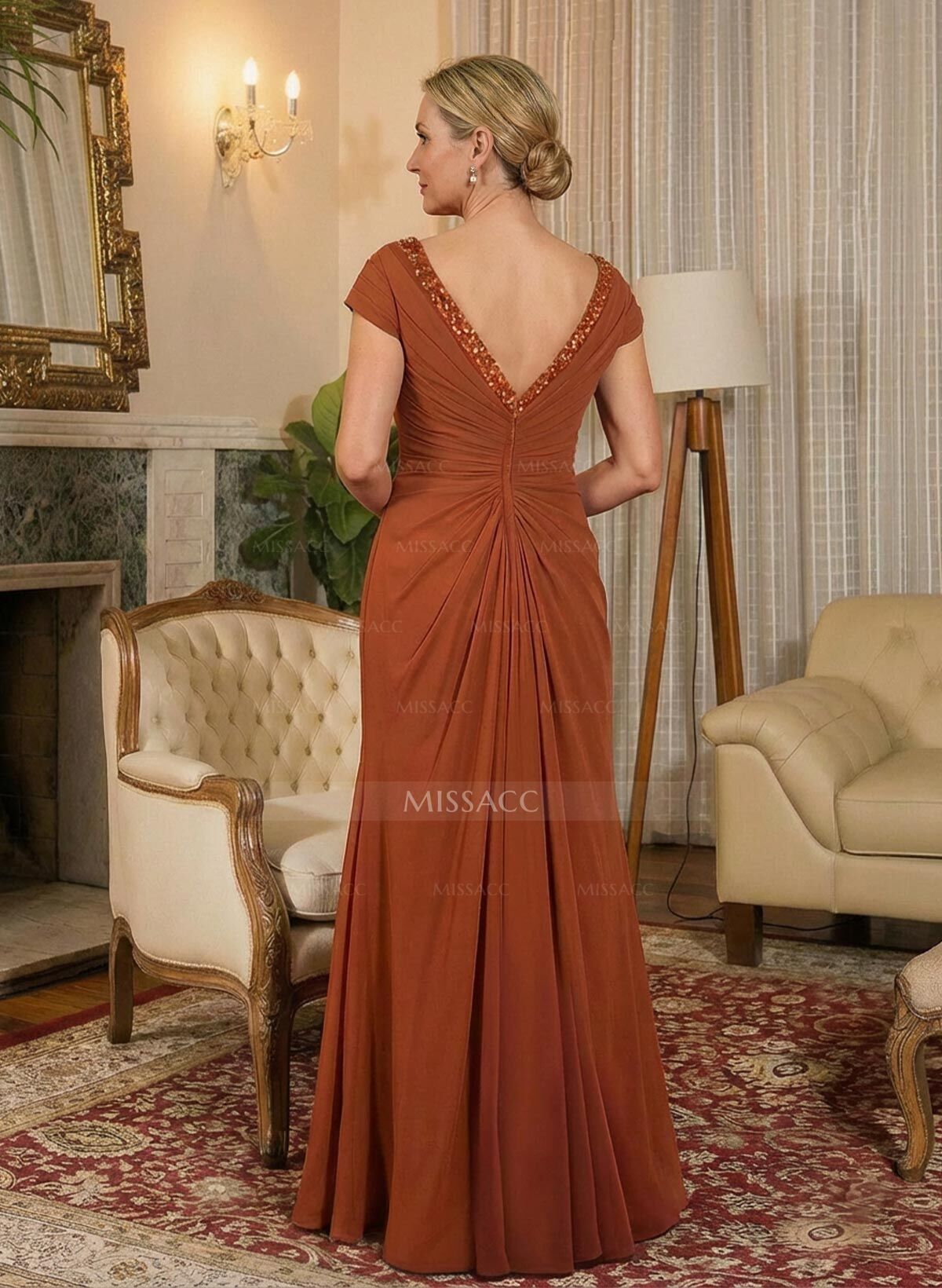 A-Line V-Neck Floor-Length Chiffon Mother Of The Bride Dresses With Appliques Lace