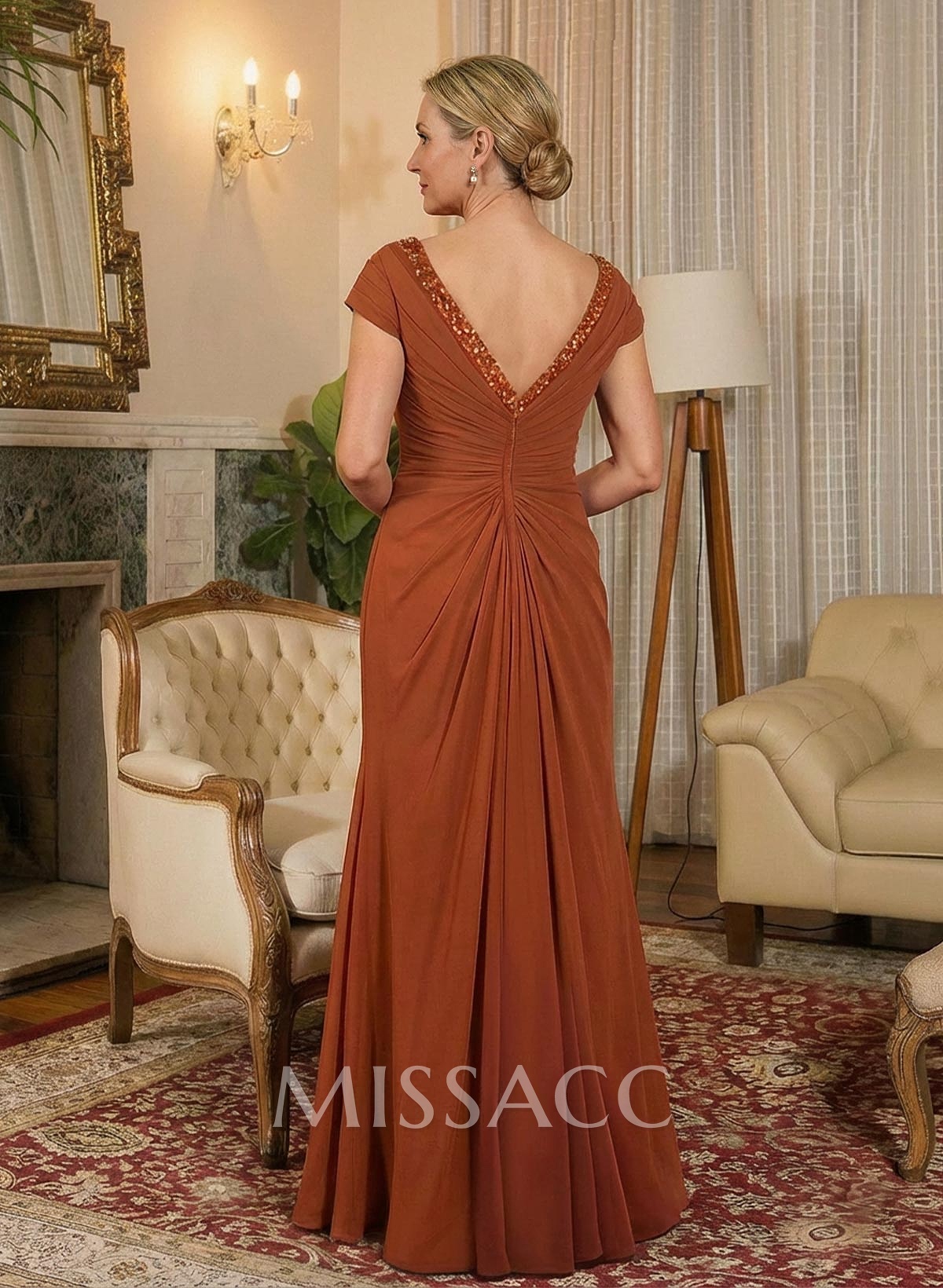 A-Line V-Neck Floor-Length Chiffon Mother Of The Bride Dresses With Appliques Lace