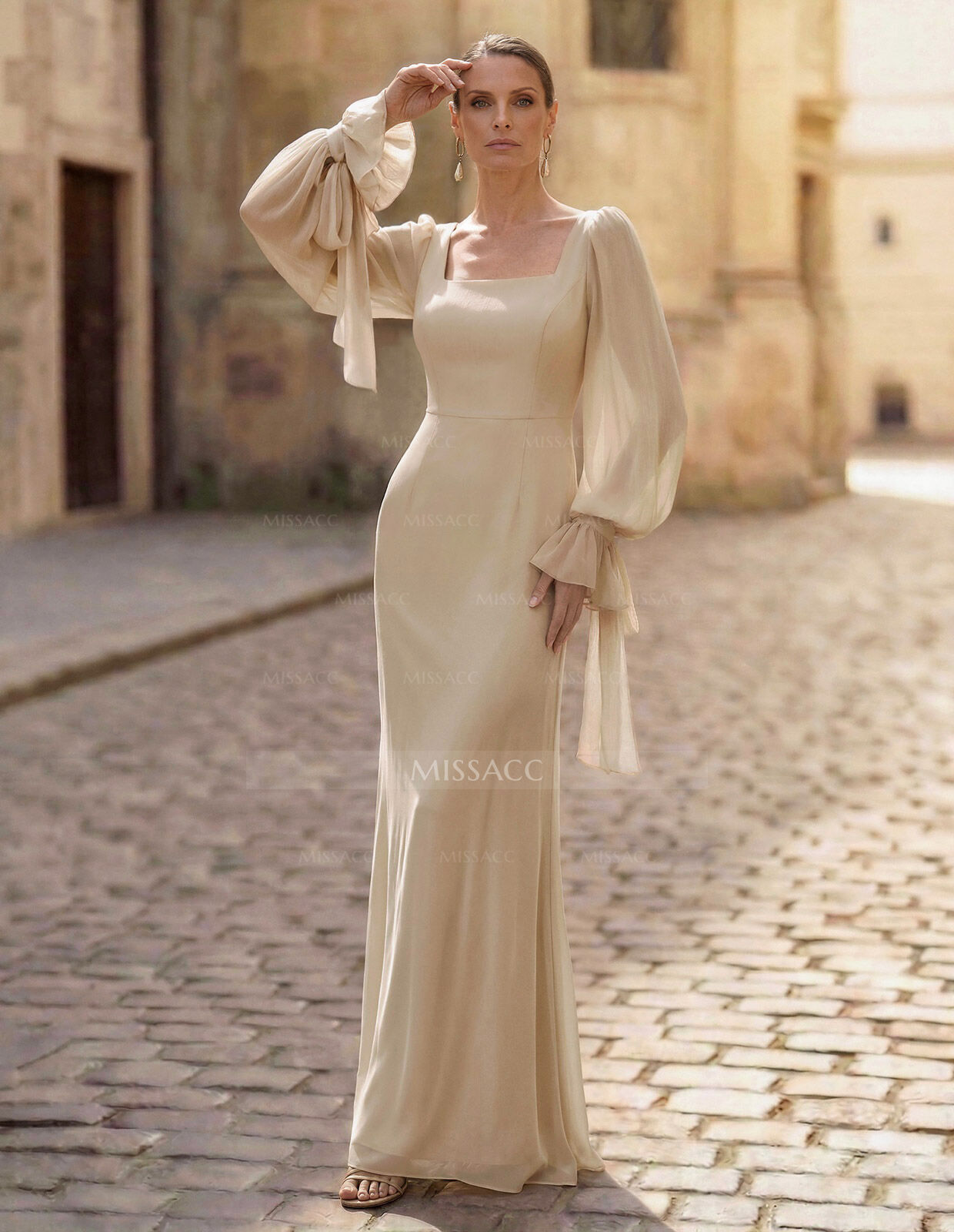 Sheath/Column Square Neckline Long Sleeves Floor-Length Chiffon Mother Of The Bride Dresses