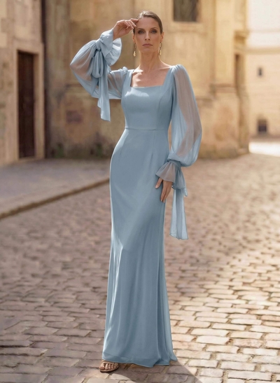Sheath/Column Square Neckline Long Sleeves Floor-Length Chiffon Mother Of The Bride Dresses