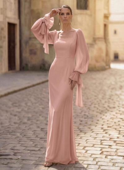 Sheath/Column Square Neckline Long Sleeves Floor-Length Chiffon Mother Of The Bride Dresses