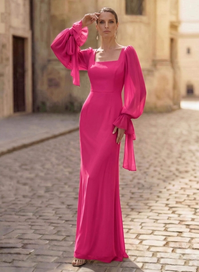 Sheath/Column Square Neckline Long Sleeves Floor-Length Chiffon Mother Of The Bride Dresses