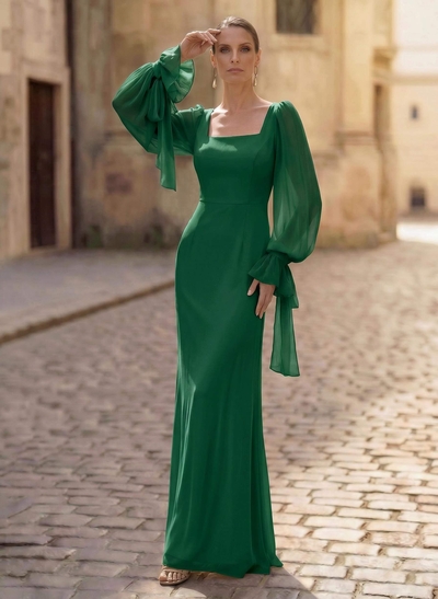 Sheath/Column Square Neckline Long Sleeves Floor-Length Chiffon Mother Of The Bride Dresses
