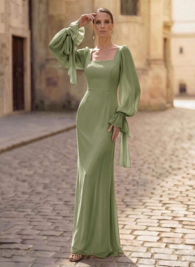 Sheath/Column Square Neckline Long Sleeves Floor-Length Chiffon Evening Dresses