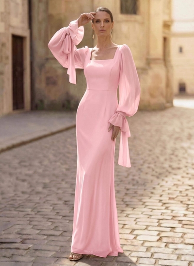Sheath/Column Square Neckline Long Sleeves Floor-Length Chiffon Mother Of The Bride Dresses