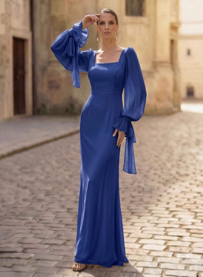 Sheath/Column Square Neckline Long Sleeves Floor-Length Chiffon Mother Of The Bride Dresses