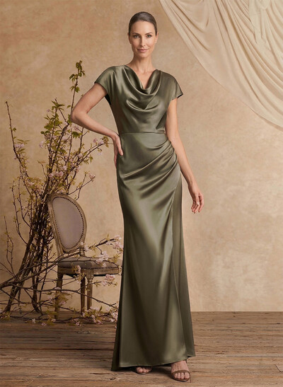 Trumpet/Mermaid Cowl Neck Short Sleeves Floor-Length Silk Like Satin Mother Of The Bride Dresses With High Split