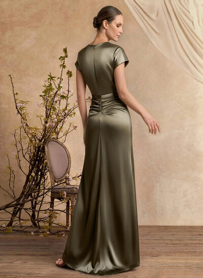 Trumpet/Mermaid Cowl Neck Short Sleeves Floor-Length Silk Like Satin Mother Of The Bride Dresses With High Split