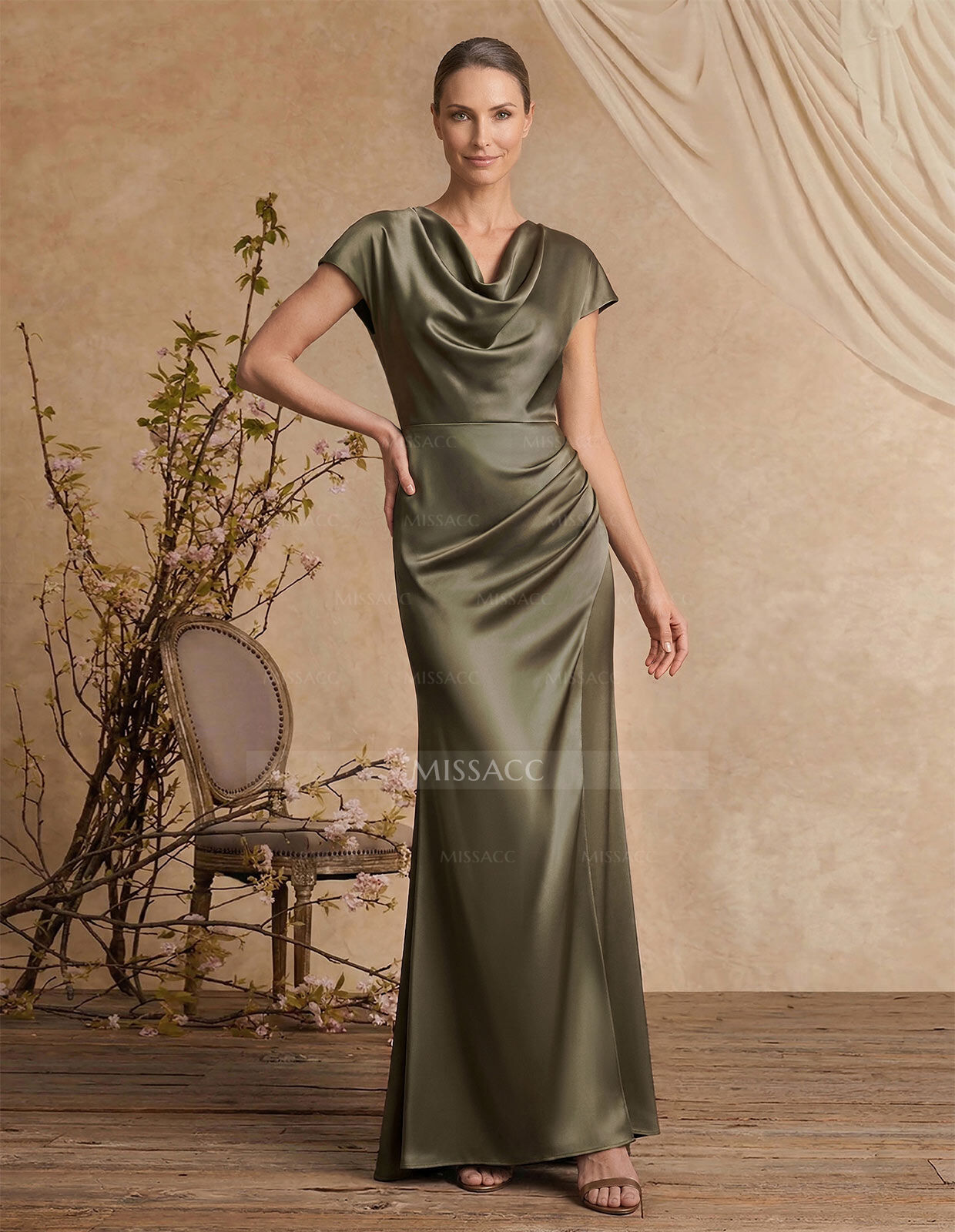 Trumpet/Mermaid Cowl Neck Short Sleeves Floor-Length Silk Like Satin Mother Of The Bride Dresses With High Split