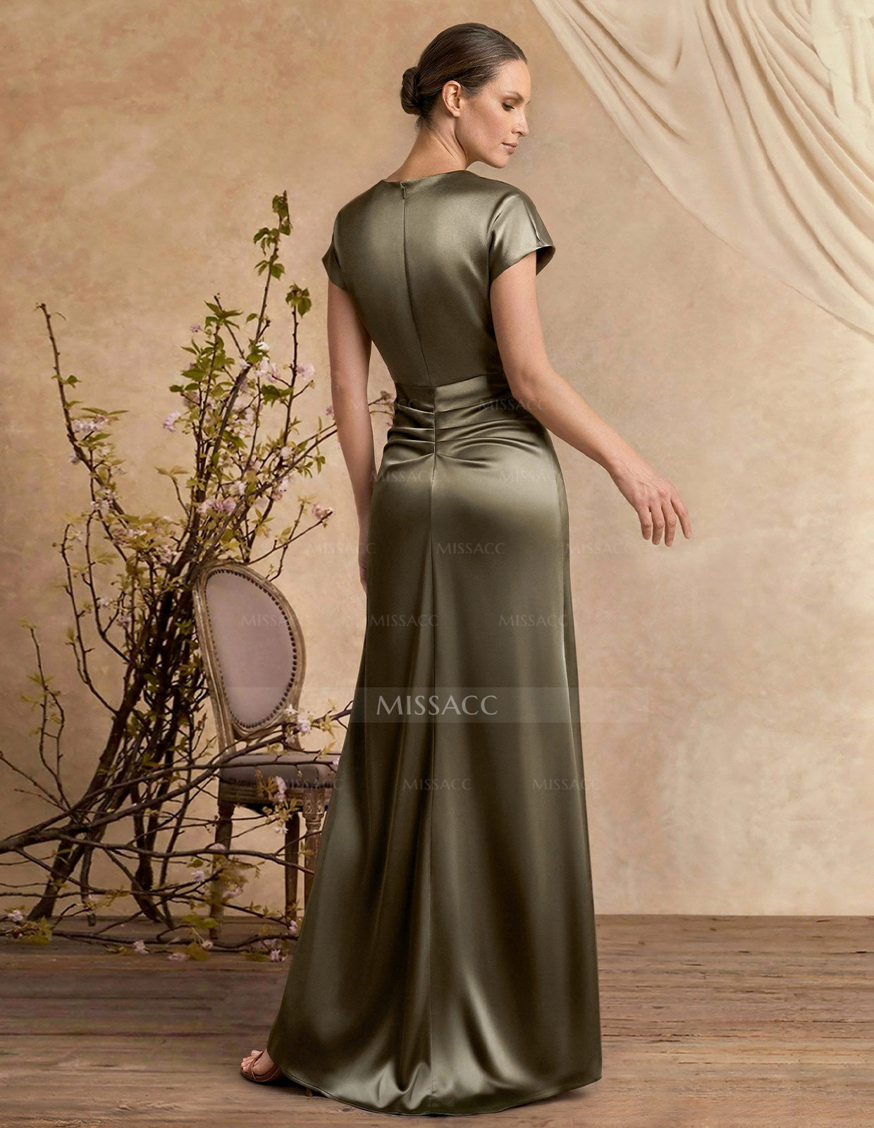 Trumpet/Mermaid Cowl Neck Short Sleeves Floor-Length Silk Like Satin Mother Of The Bride Dresses With High Split