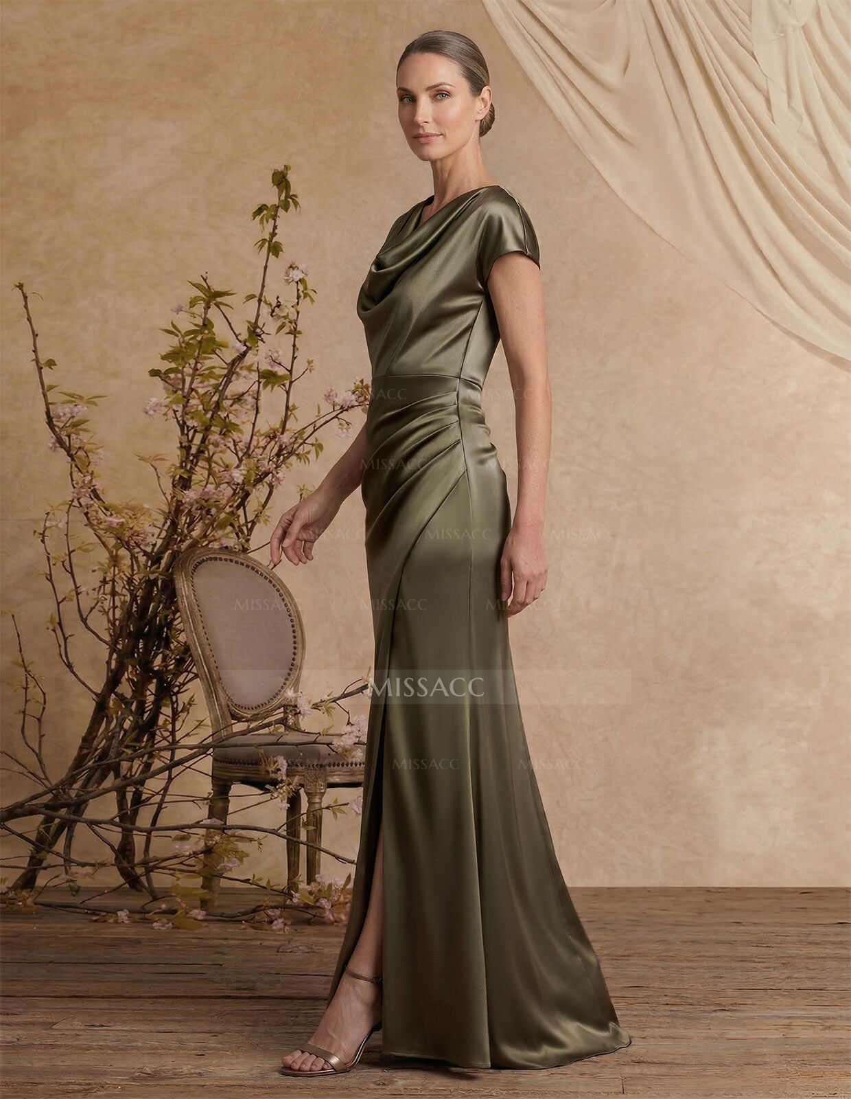 Trumpet/Mermaid Cowl Neck Short Sleeves Floor-Length Silk Like Satin Mother Of The Bride Dresses With High Split