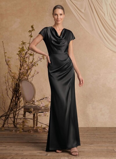 Trumpet/Mermaid Cowl Neck Short Sleeves Floor-Length Silk Like Satin Mother Of The Bride Dresses With High Split
