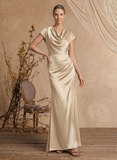 Trumpet/Mermaid Cowl Neck Short Sleeves Floor-Length Silk Like Satin Mother Of The Bride Dresses With High Split