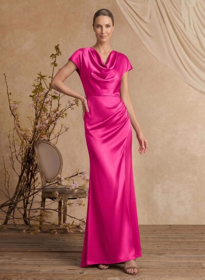 Trumpet/Mermaid Cowl Neck Short Sleeves Floor-Length Silk Like Satin Mother Of The Bride Dresses With High Split