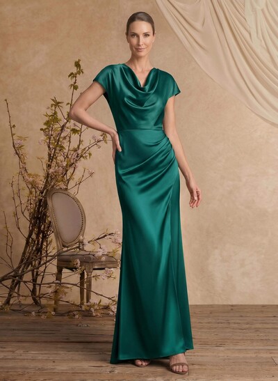 Trumpet/Mermaid Cowl Neck Short Sleeves Floor-Length Silk Like Satin Mother Of The Bride Dresses With High Split