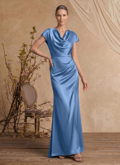 Trumpet/Mermaid Cowl Neck Short Sleeves Floor-Length Silk Like Satin Mother Of The Bride Dresses With High Split