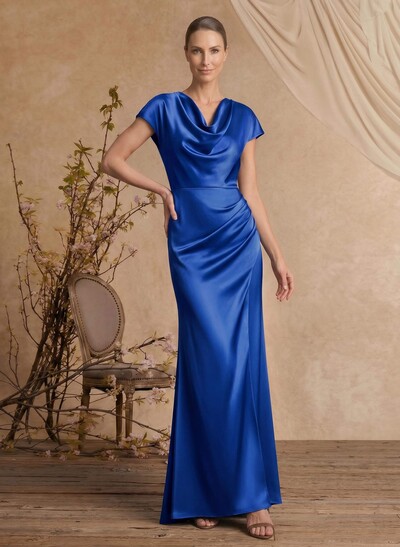 Trumpet/Mermaid Cowl Neck Short Sleeves Floor-Length Silk Like Satin Mother Of The Bride Dresses With High Split