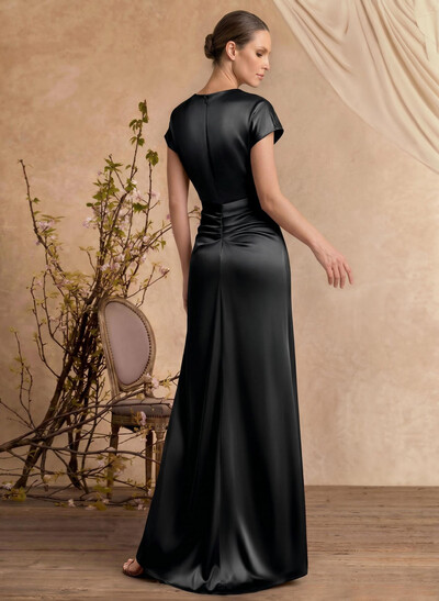 Trumpet/Mermaid Cowl Neck Short Sleeves Floor-Length Silk Like Satin Mother Of The Bride Dresses With High Split