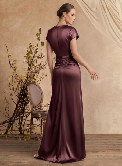 Trumpet/Mermaid Cowl Neck Short Sleeves Floor-Length Silk Like Satin Mother Of The Bride Dresses With High Split