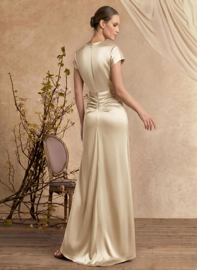 Trumpet/Mermaid Cowl Neck Short Sleeves Floor-Length Silk Like Satin Mother Of The Bride Dresses With High Split