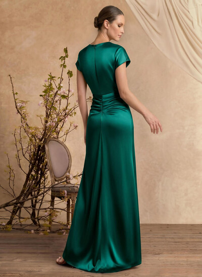 Trumpet/Mermaid Cowl Neck Short Sleeves Floor-Length Silk Like Satin Mother Of The Bride Dresses With High Split