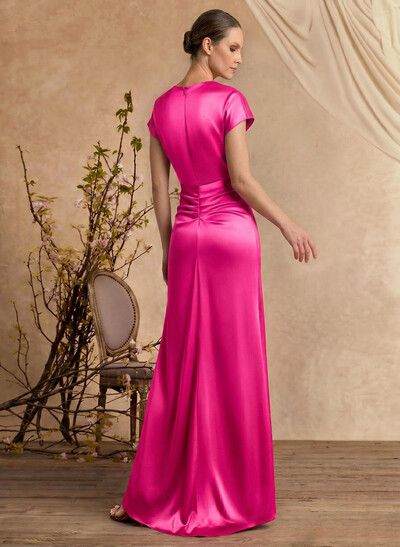 Trumpet/Mermaid Cowl Neck Short Sleeves Floor-Length Silk Like Satin Mother Of The Bride Dresses With High Split