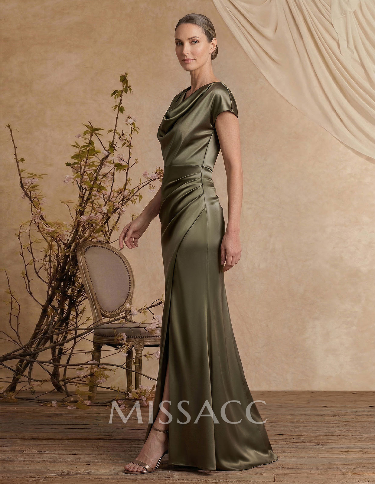 Trumpet/Mermaid Cowl Neck Short Sleeves Floor-Length Silk Like Satin Mother Of The Bride Dresses With High Split