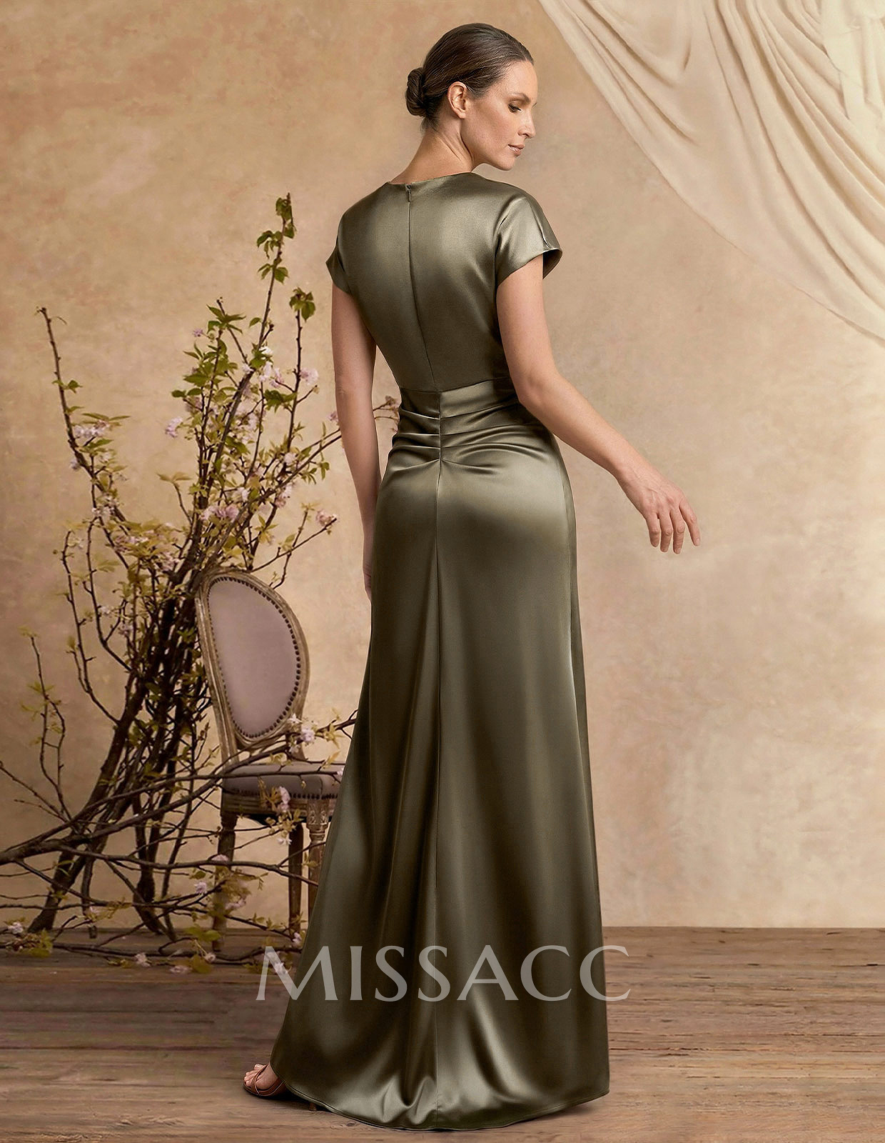 Trumpet/Mermaid Cowl Neck Short Sleeves Floor-Length Silk Like Satin Mother Of The Bride Dresses With High Split
