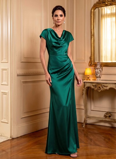 Trumpet/Mermaid Cowl Neck Short Sleeves Floor-Length Silk Like Satin Mother Of The Bride Dresses With High Split