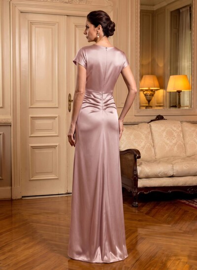 Trumpet/Mermaid Cowl Neck Short Sleeves Floor-Length Silk Like Satin Mother Of The Bride Dresses With High Split