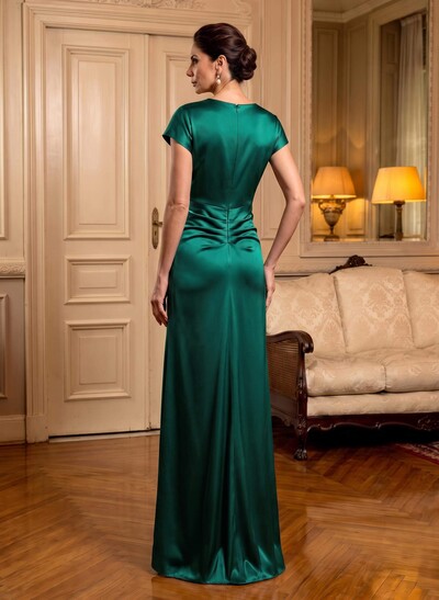 Trumpet/Mermaid Cowl Neck Short Sleeves Floor-Length Silk Like Satin Mother Of The Bride Dresses With High Split