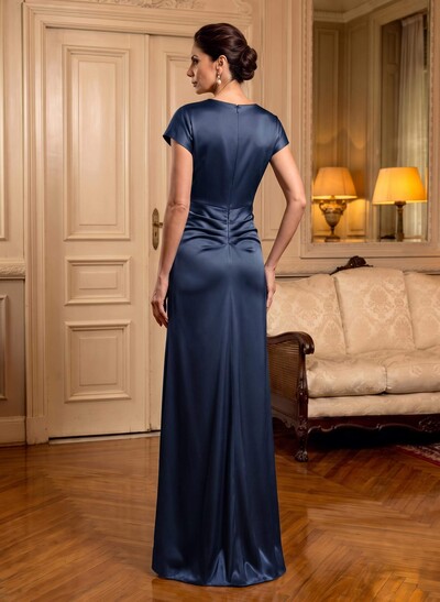 Trumpet/Mermaid Cowl Neck Short Sleeves Floor-Length Silk Like Satin Mother Of The Bride Dresses With High Split