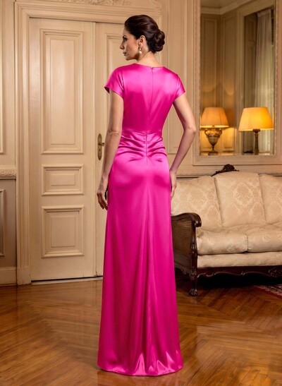 Trumpet/Mermaid Cowl Neck Short Sleeves Floor-Length Silk Like Satin Mother Of The Bride Dresses With High Split