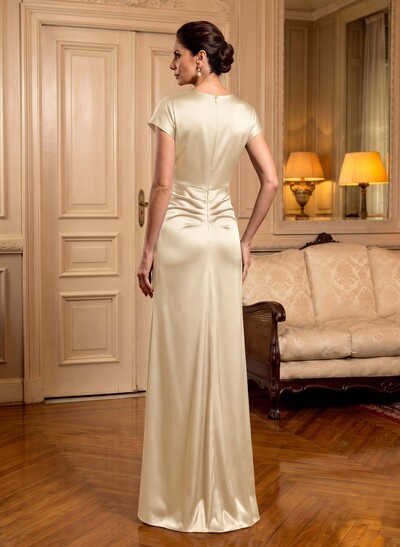 Trumpet/Mermaid Cowl Neck Short Sleeves Floor-Length Silk Like Satin Mother Of The Bride Dresses With High Split